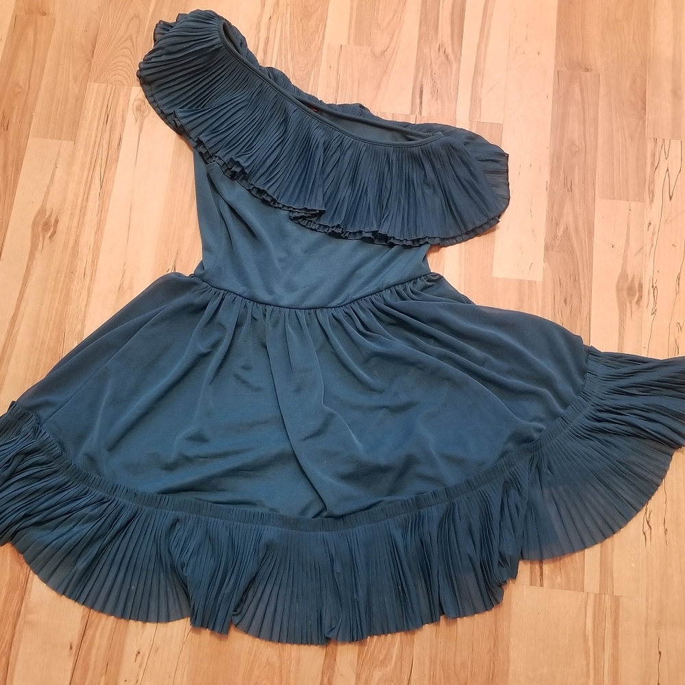 Dark green one shoulder A line dress